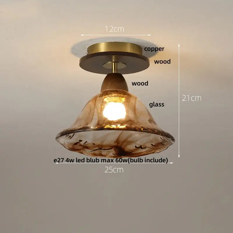 Amber ice crack glass wood ceiling light bedroom fixture