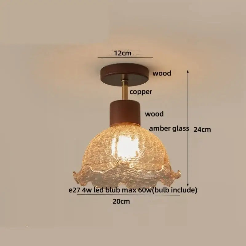 Amber ice crack glass wood ceiling light bedroom fixture