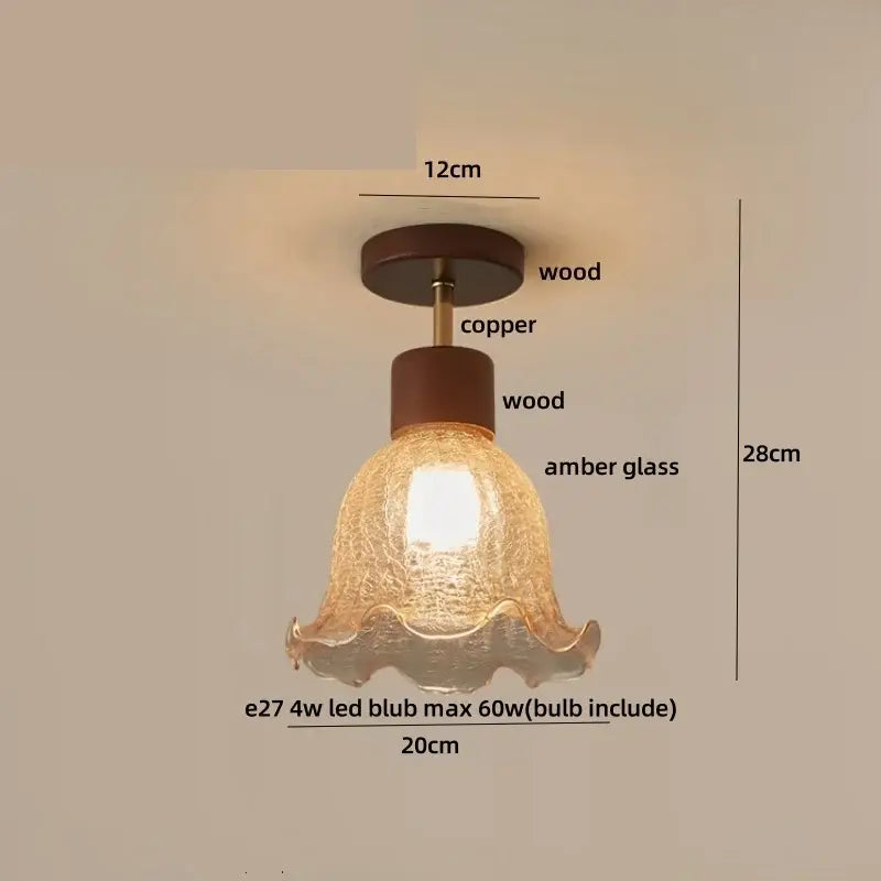 Amber ice crack glass wood ceiling light bedroom fixture