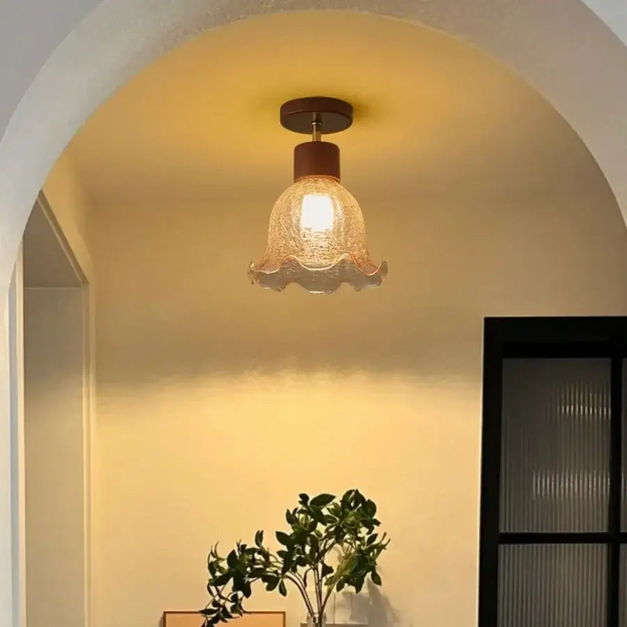 Amber ice crack glass wood ceiling light bedroom fixture