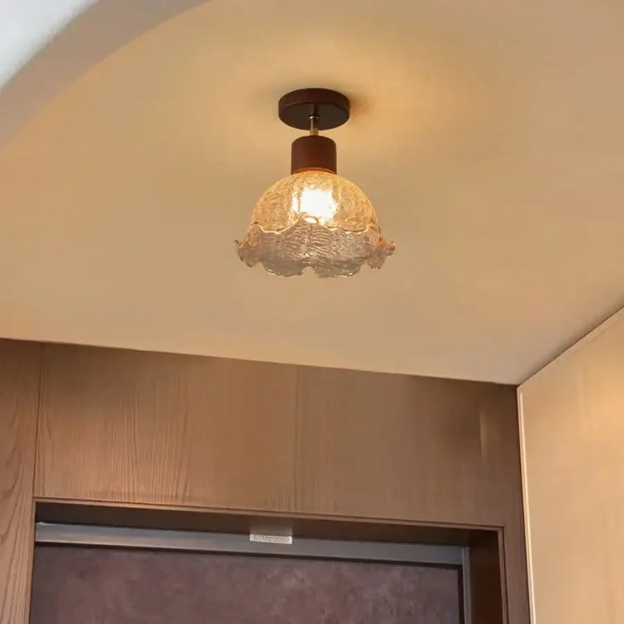 Amber ice crack glass wood ceiling light bedroom fixture