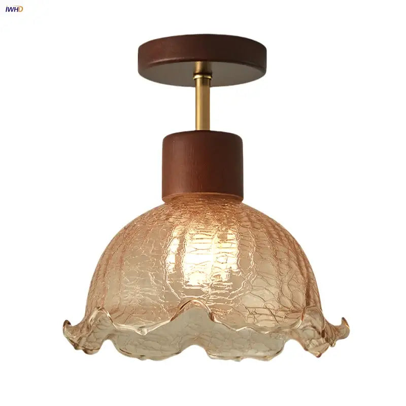 Amber ice crack glass wood ceiling light bedroom fixture