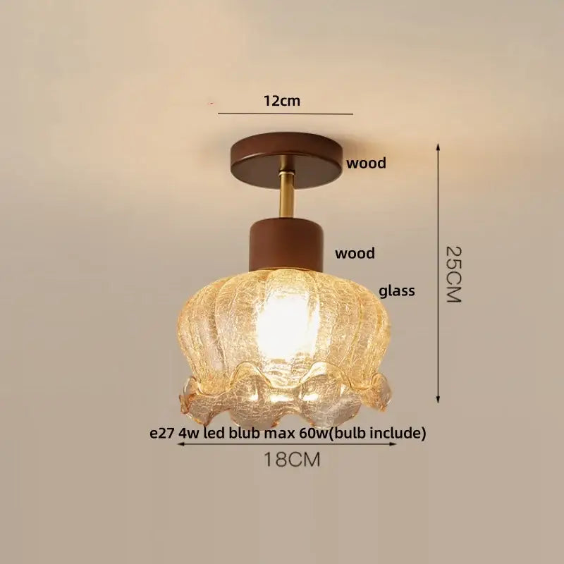Amber ice crack glass wood ceiling light bedroom fixture