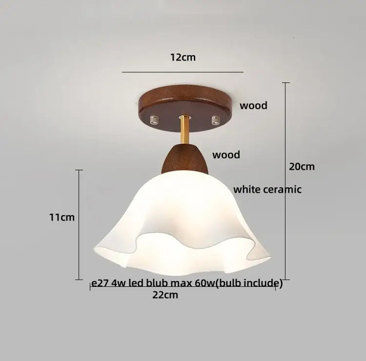 Amber ice crack glass wood ceiling light bedroom fixture