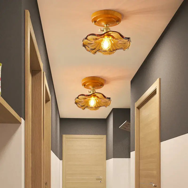 Amber leaf brass glass ceiling lamp bedroom light fixture