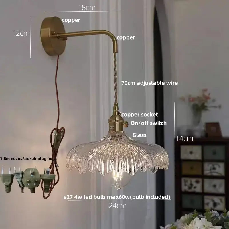 Amber vintage led wall light brass sconce with pull chain bedroom