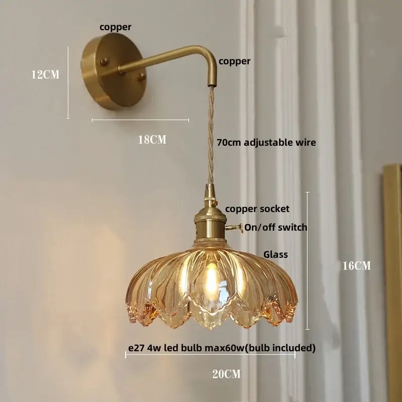 Amber vintage led wall light brass sconce with pull chain bedroom