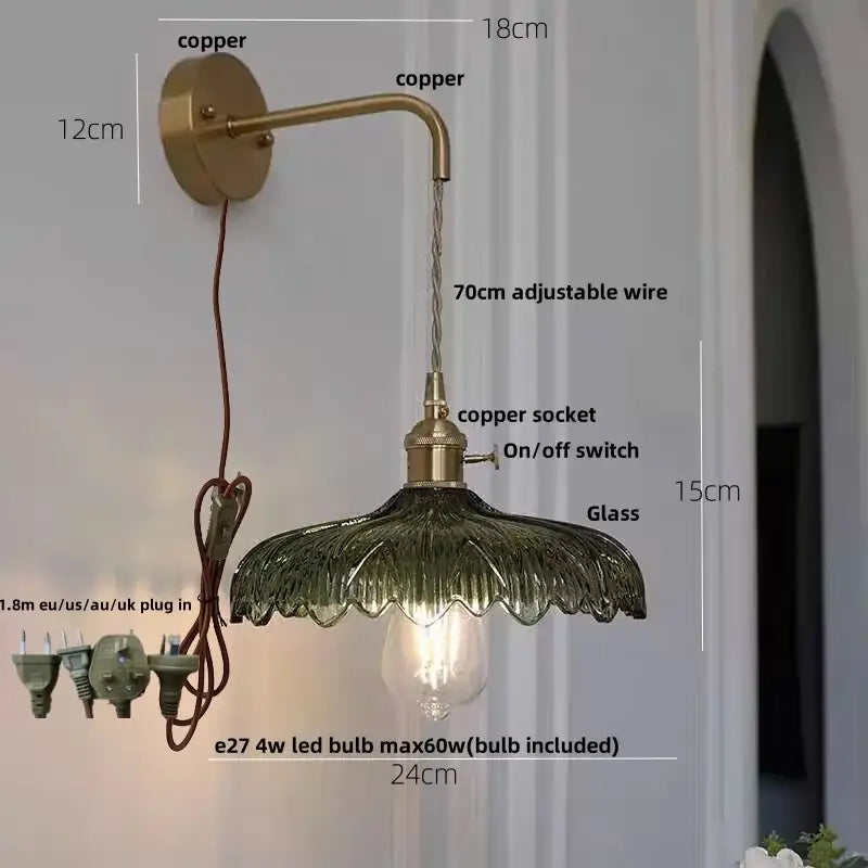 Amber vintage led wall light brass sconce with pull chain bedroom