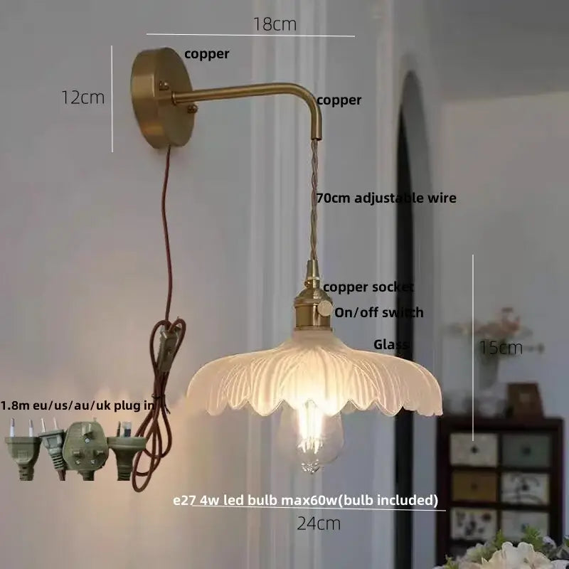 Amber vintage led wall light brass sconce with pull chain bedroom