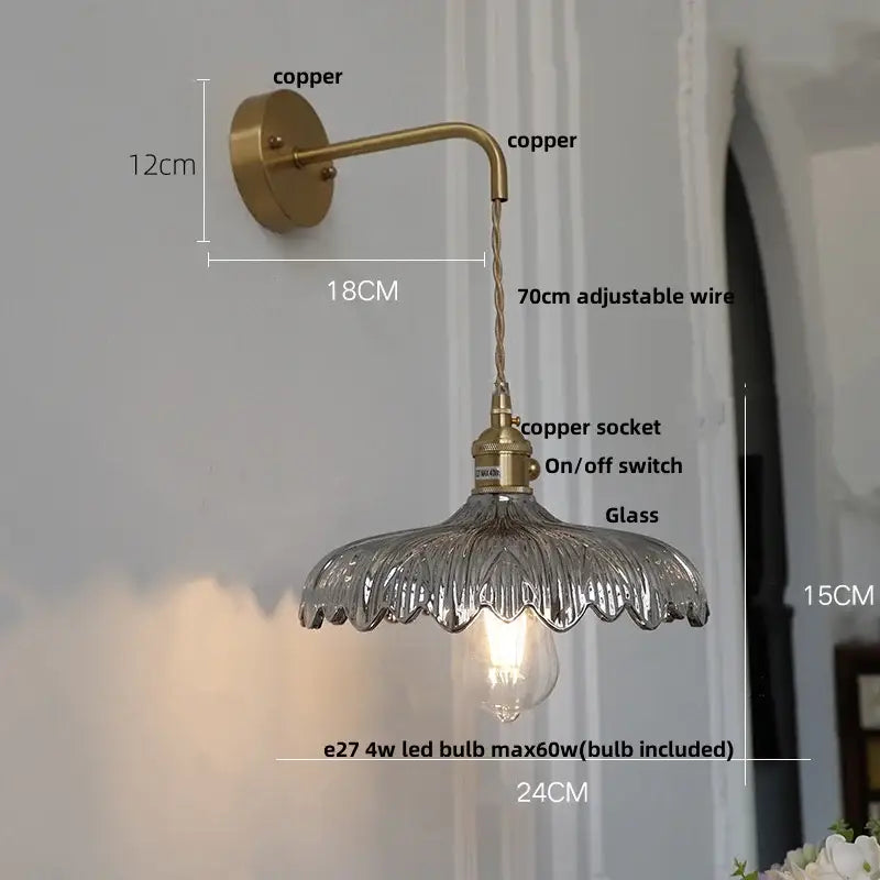 Amber vintage led wall light hallway lamp with brass pull chain