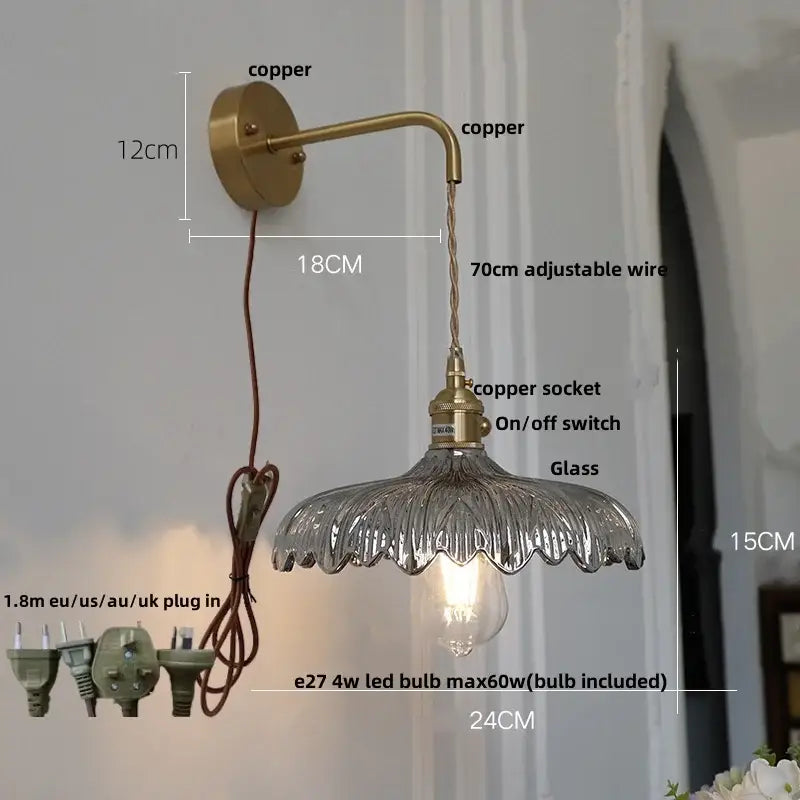 Amber vintage led wall light hallway lamp with brass pull chain