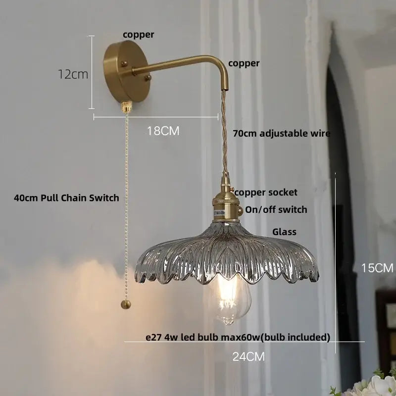 Amber vintage led wall light hallway lamp with brass pull chain