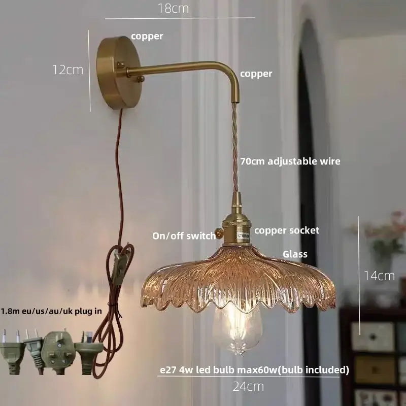 Amber vintage led wall light hallway lamp with brass pull chain