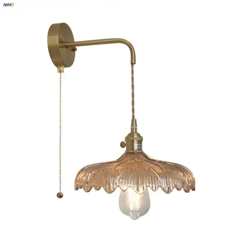 Amber vintage led wall light hallway lamp with brass pull chain