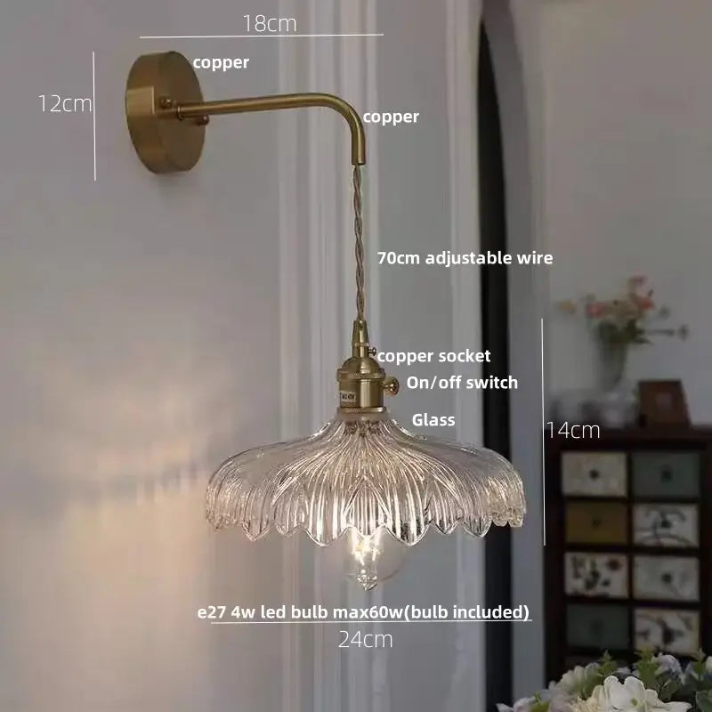 Amber vintage led wall light hallway lamp with brass pull chain