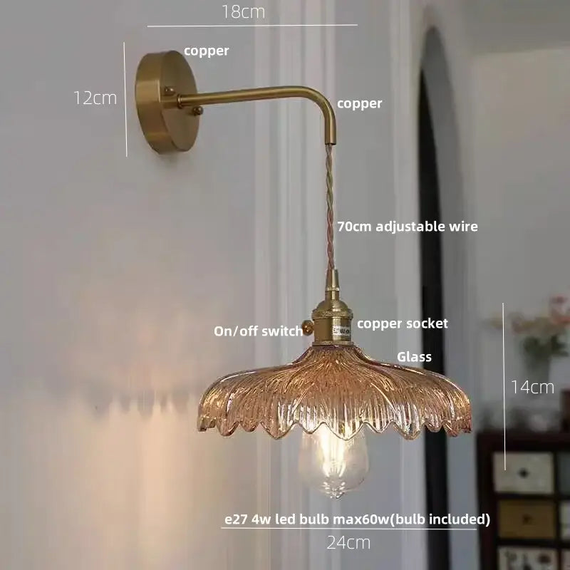 Amber vintage led wall light hallway lamp with brass pull chain