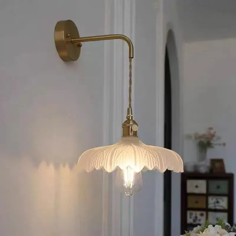 Amber vintage led wall light hallway lamp with brass pull chain