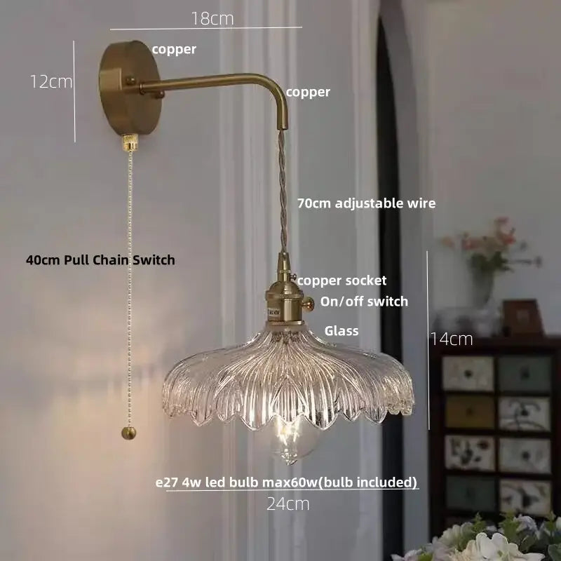 Amber vintage led wall light hallway lamp with brass pull chain