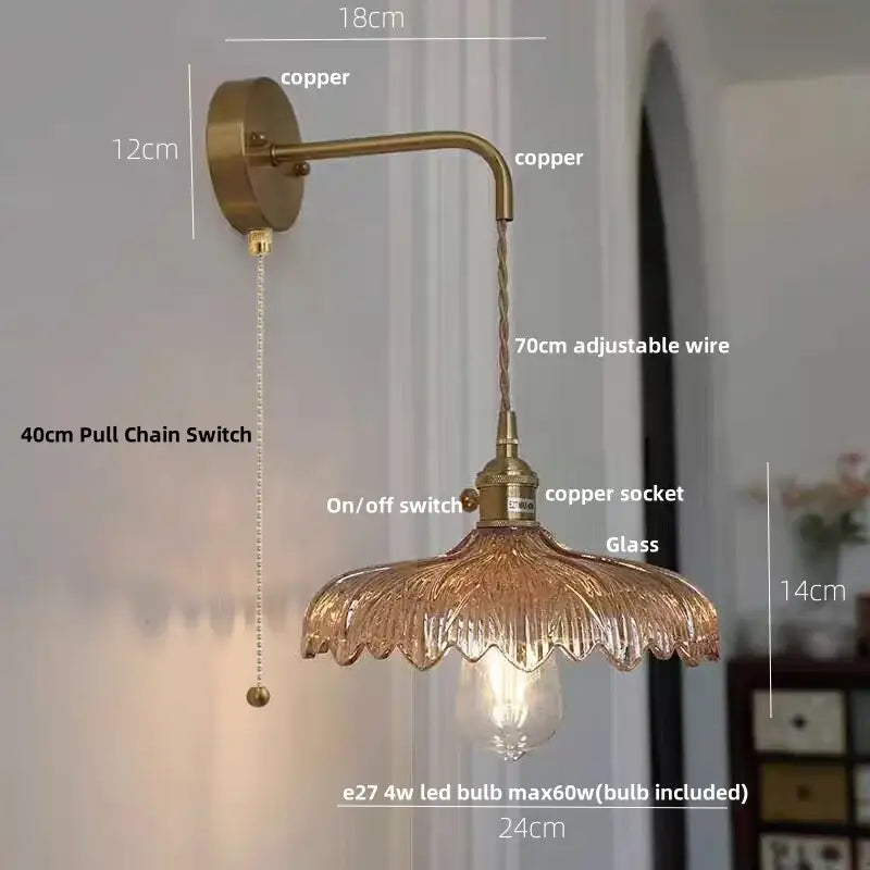 Amber vintage led wall light hallway lamp with brass pull chain