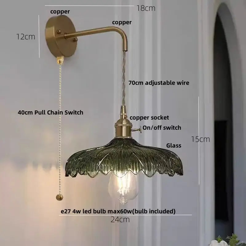 Amber vintage led wall light hallway lamp with brass pull chain