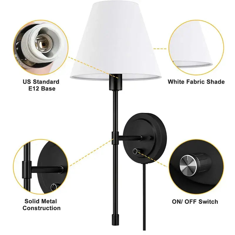 American fabric wall lamp black iron sconce for bedroom