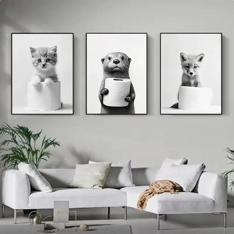 Modern tiger cub toilet paper art framed bathroom wall decor