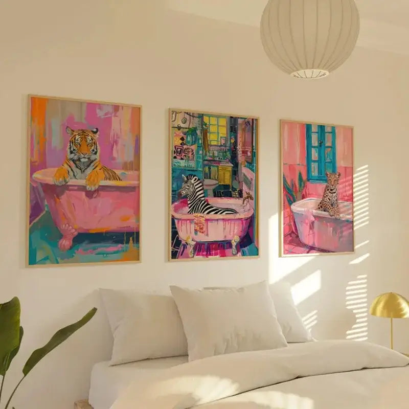Vibrant pink leopard bathtub animal canvas art bathroom decor