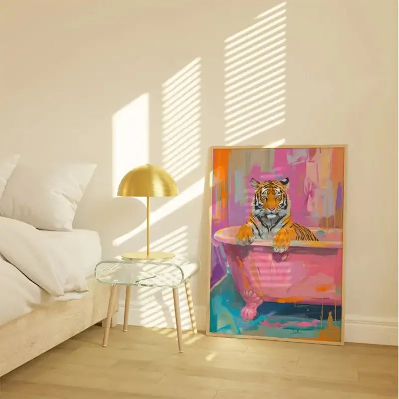 Vibrant tiger in bathtub animal canvas painting bathroom wall art
