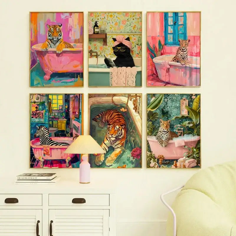 Vibrant tiger in pink bathtub animal canvas wall art bedroom decor