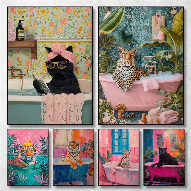 Vibrant tiger in pink bathtub animal canvas wall art bedroom decor