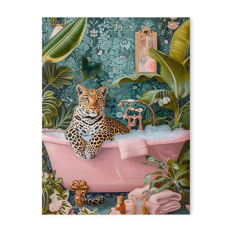 Vibrant leopard in bathtub animal print canvas painting bedroom art