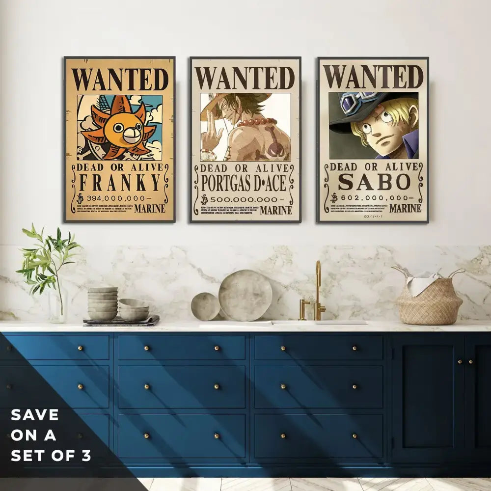 Vintage one piece wanted poster set bedroom wall art