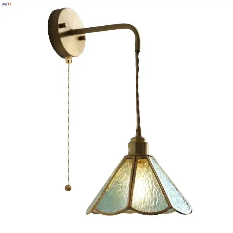 Antique blue glass led wall sconce staircase pull chain light