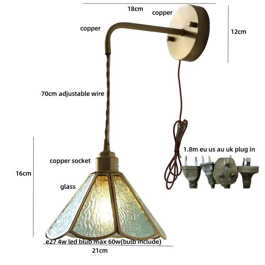 Antique blue glass led wall sconce staircase pull chain light