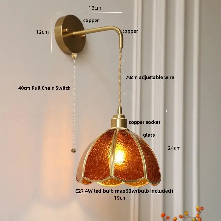 Antique brass amber glass led wall light bedroom sconce