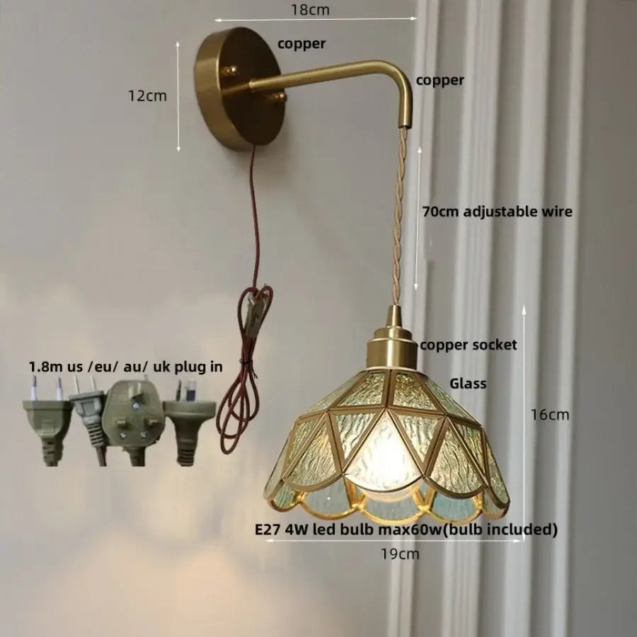 Antique brass amber glass led wall light bedroom sconce