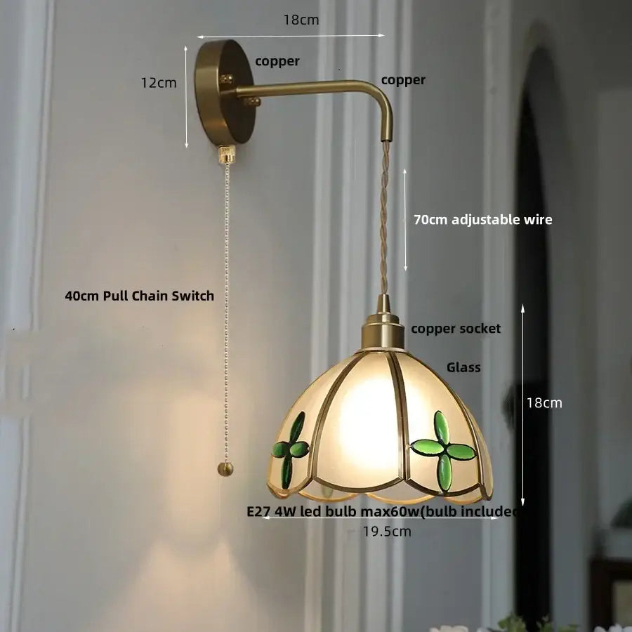 Antique brass amber glass led wall light bedroom sconce