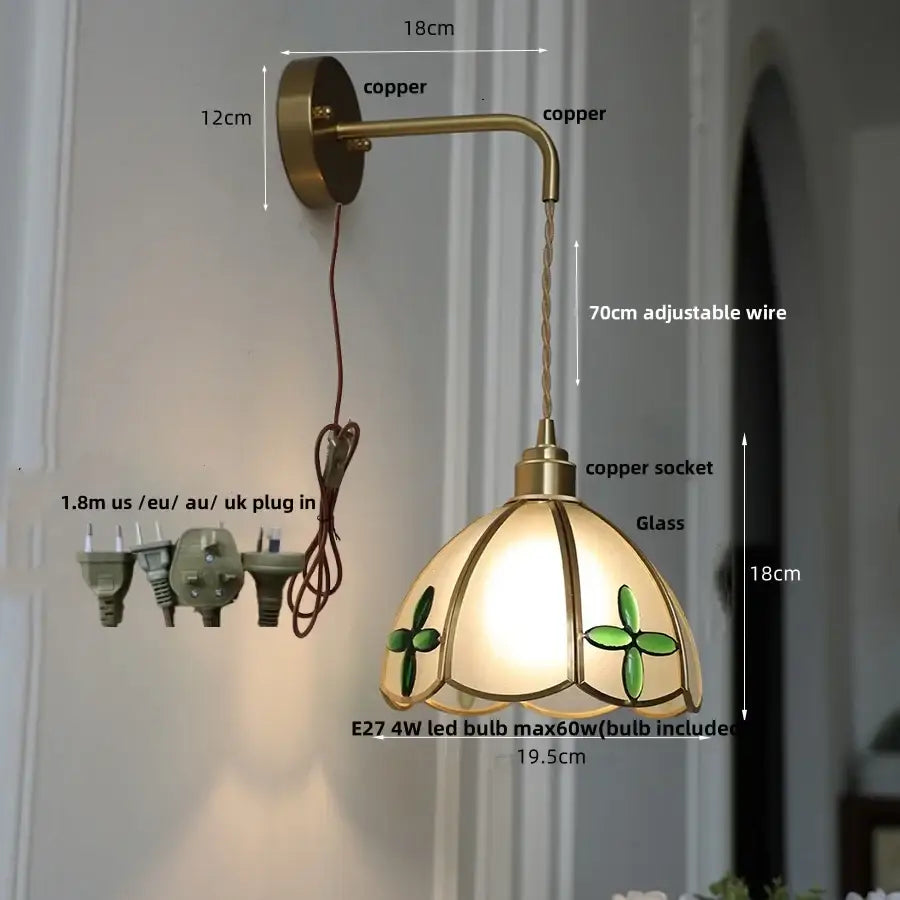 Antique brass amber glass led wall light bedroom sconce