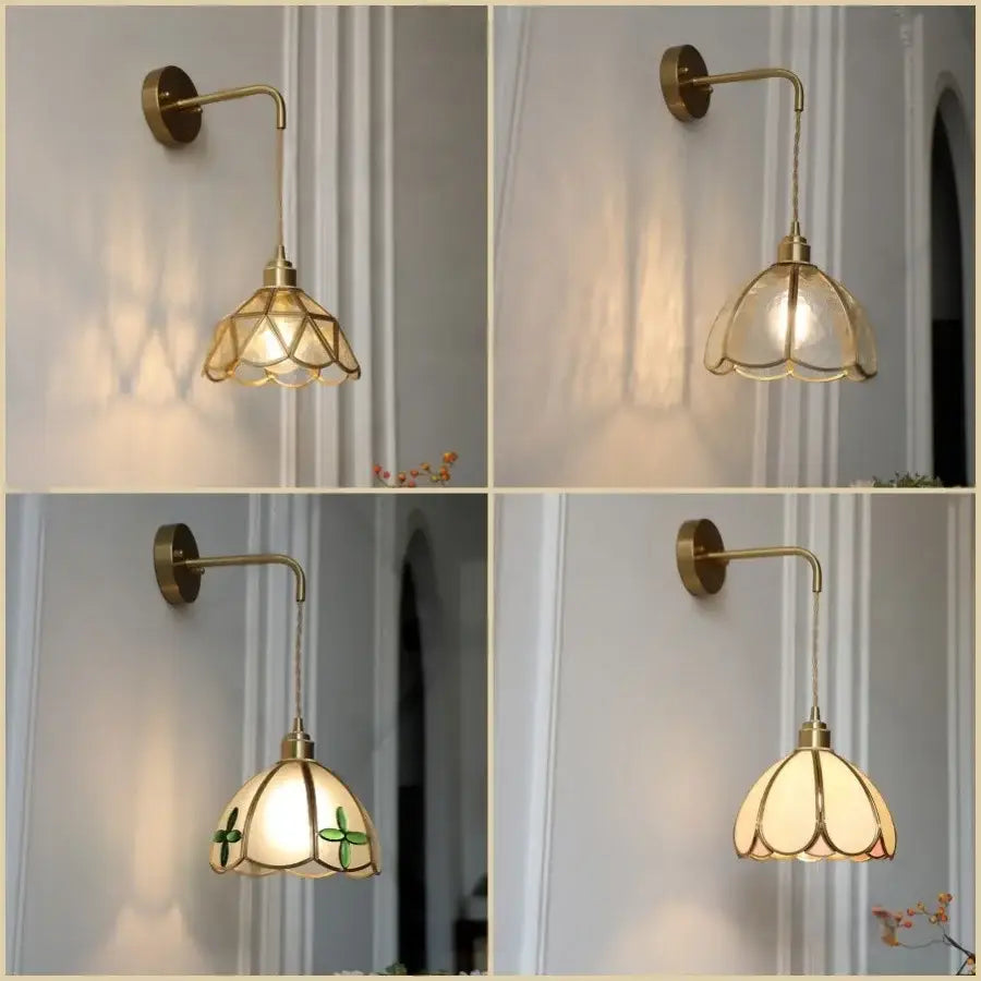 Antique brass amber glass led wall light bedroom sconce