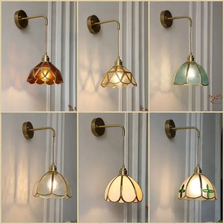 Antique brass amber glass led wall light bedroom sconce