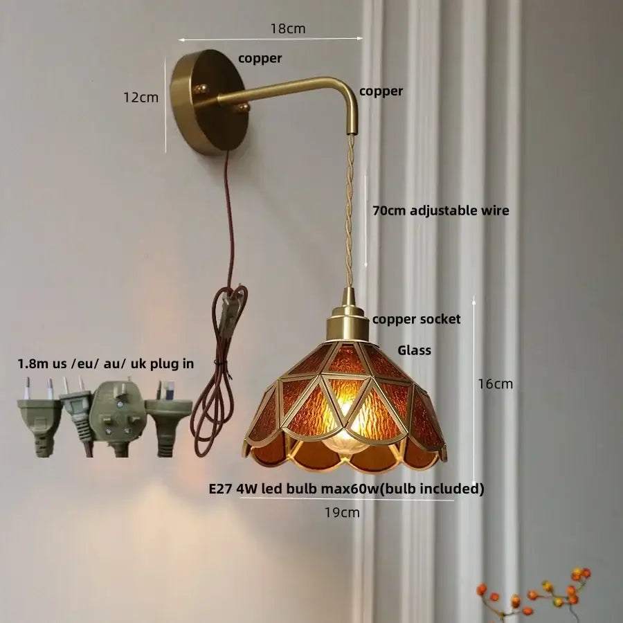 Antique brass amber glass led wall light bedroom sconce