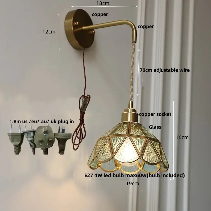 Antique brass amber glass led wall light bedroom sconce