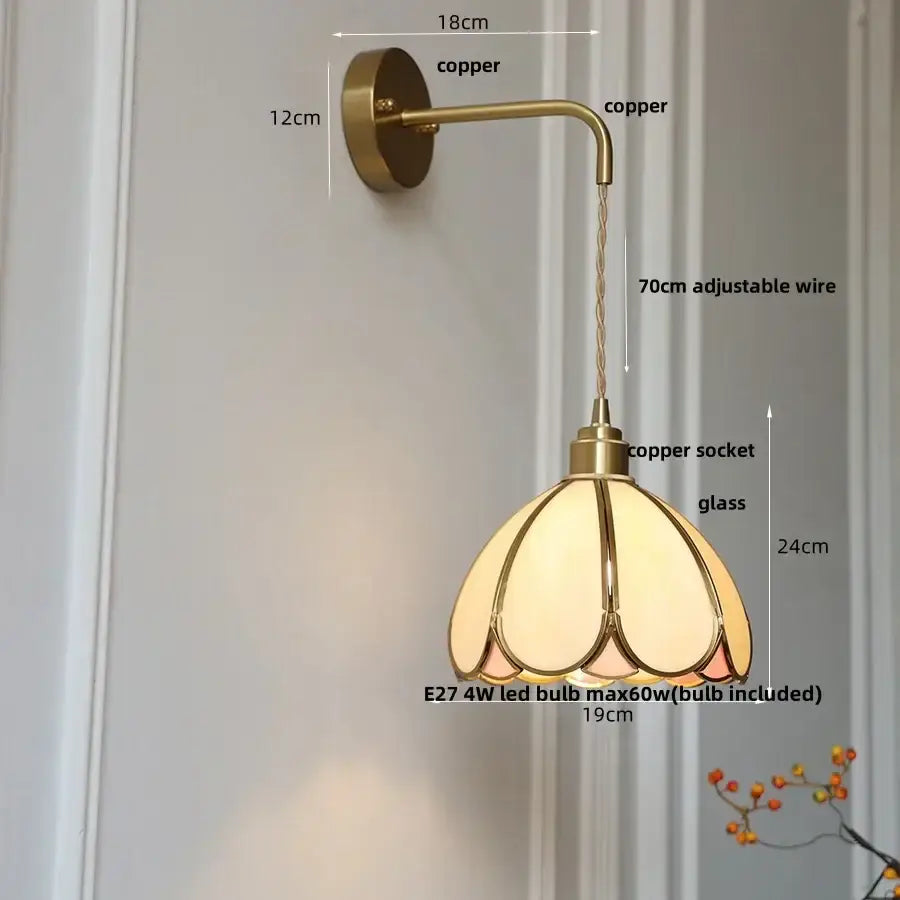 Antique brass amber glass led wall light bedroom sconce