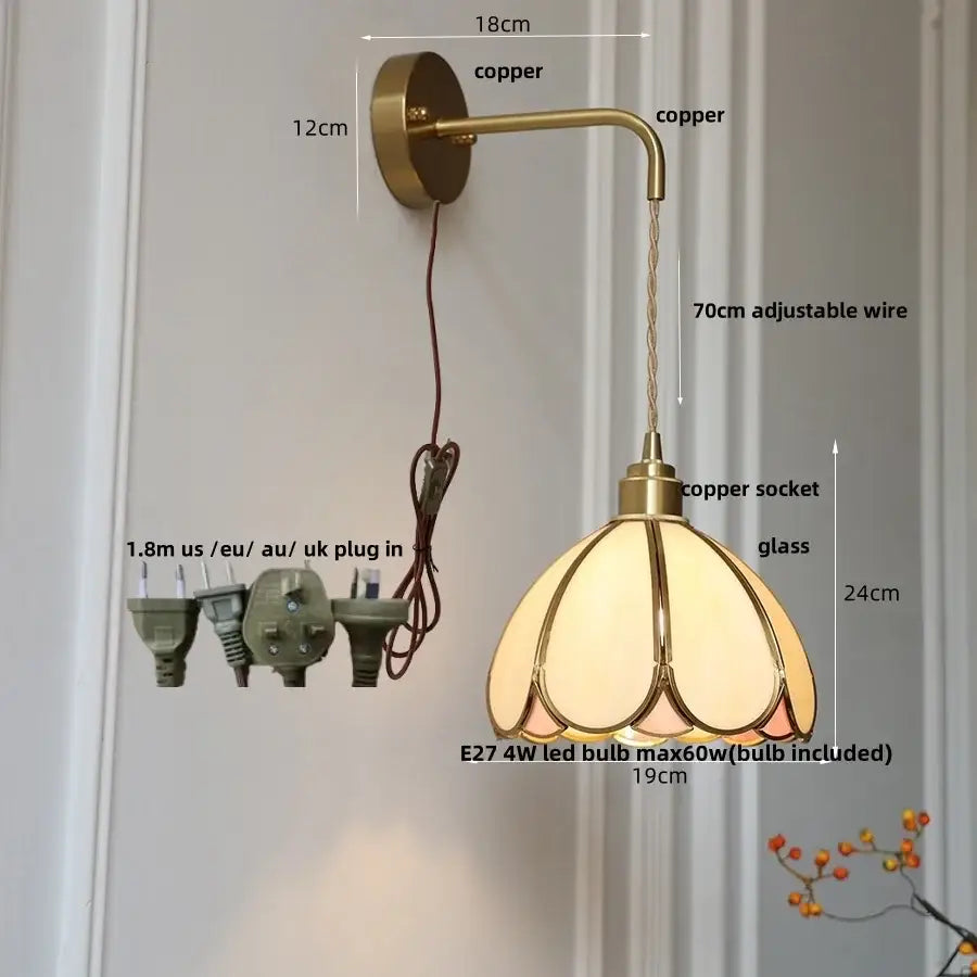 Antique brass amber glass led wall light bedroom sconce