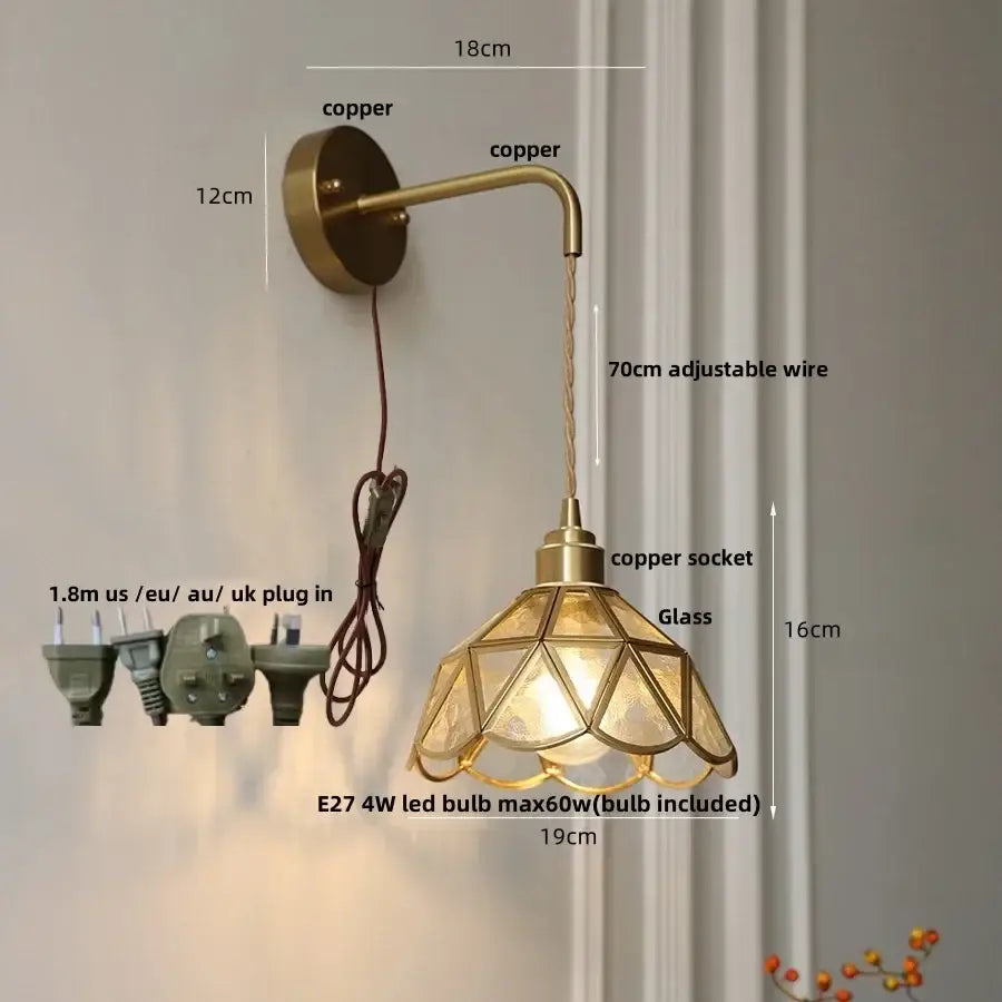 Antique brass amber glass led wall light bedroom sconce