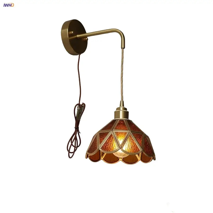Antique brass amber glass led wall light bedroom sconce