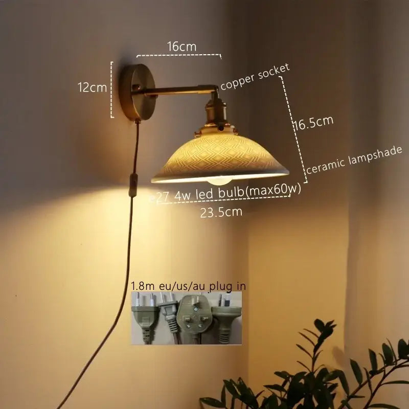 Antique brass and ribbed glass wall lamp bedroom pull chain switch