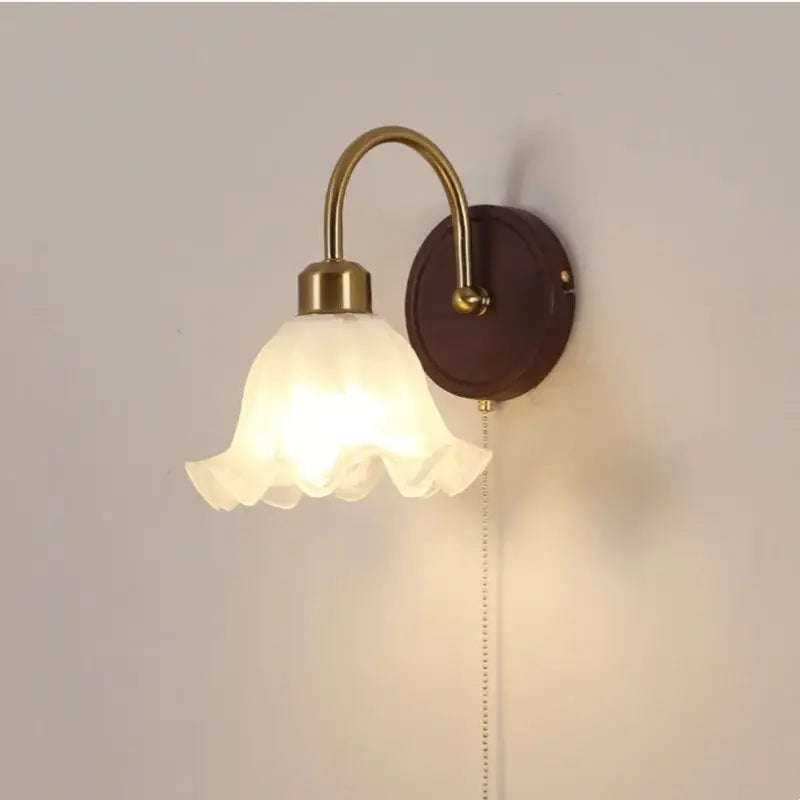 Antique brass and wood led wall light bedroom sconce with glass shade