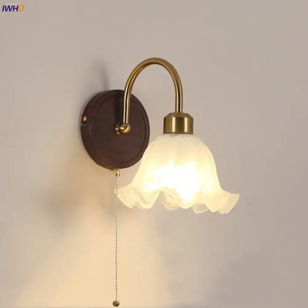 Antique brass and wood led wall light bedroom sconce with glass shade