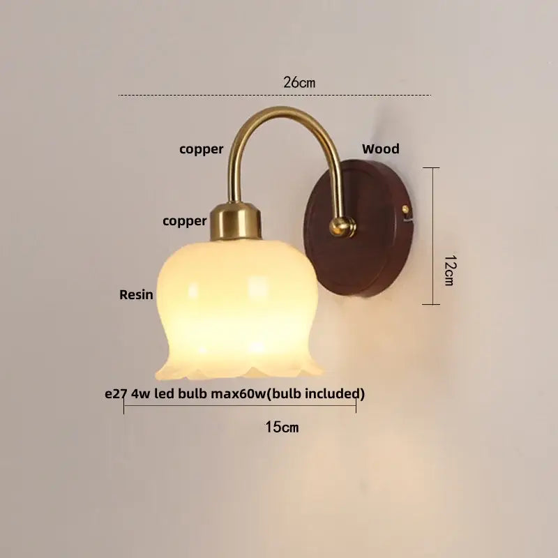 Antique brass and wood led wall light bedroom sconce with glass shade
